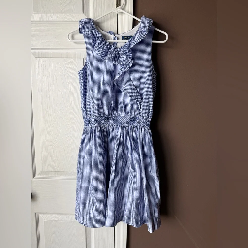 Polo by Ralph Lauren Blue Gingham Ruffle-Front Smocked Waist Dress